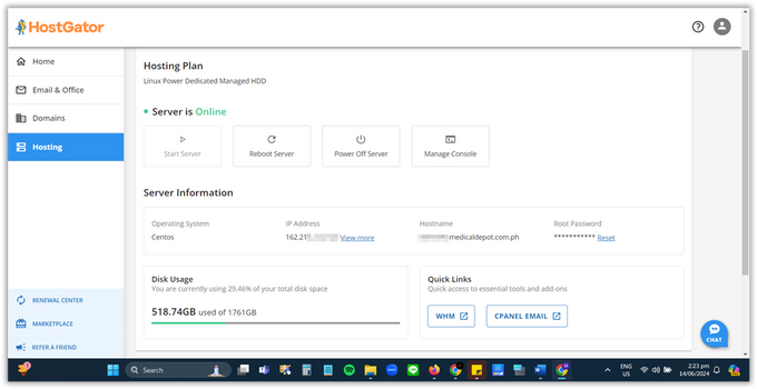 HostGator and WHM administration screenshot
